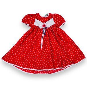 Vintage Girls Red Floral Big Bow Puff Sleeve Twirl Dress 6